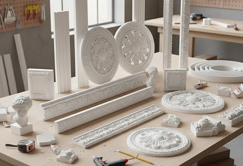 Work desk with polyurethane stucco decor elements &mdash; overlays, rosettes and decorative ornaments, prepared for creating wall compositions in classic style