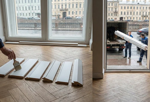 MDF moldings for painting in an apartment &mdash; layout of skirting boards of different profiles before installation