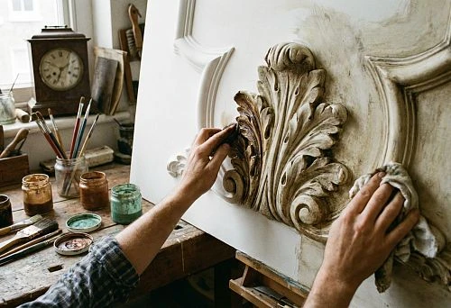 A craftsman applies patina to a large relief molding element in the form of an acanthus; paint jars stand on the work table