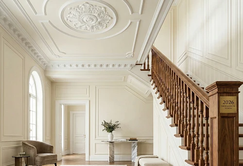 Neoclassical Interior 2026 with Wooden Balusters and Polyurethane Ceiling Molding