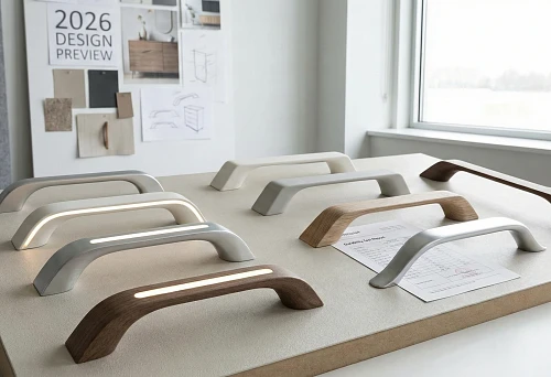 set of furniture handles of various shapes and materials presented at the 2026 exhibition stand