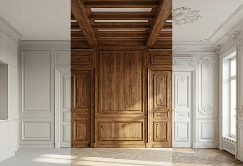 MDF profiles in the interior &mdash; a light kitchen and walls with neat panels, clean geometry and a minimalist style
