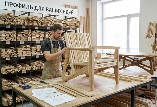 A carpenter assembles a custom chair from wooden profiles and slats in the workshop, parts laid out on the workbench
