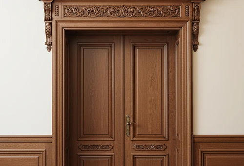 Doorway with a carved wooden pediment and decorative elements in classic style