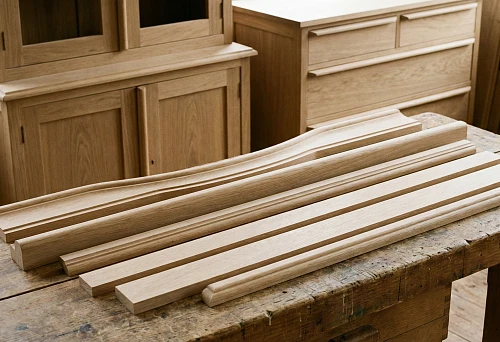 Wooden smooth molding for furniture &mdash; a set of solid wood profiles on a workbench in a carpentry workshop