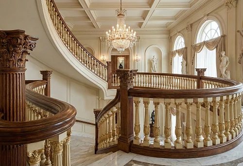 Neoclassical Staircase with Oak Round Handrails and Carved Capitals