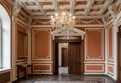 Classical Interior with Pediments, Moldings, and Corner Elements in Architectural Wall and Ceiling Design