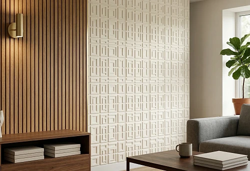Slat panels and polyurethane products in a living room interior with warm wood texture and light relief decor on the wall