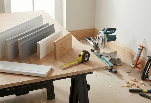 MDF baseboard: samples of profiles of different heights and shapes on the table, preparation for installation