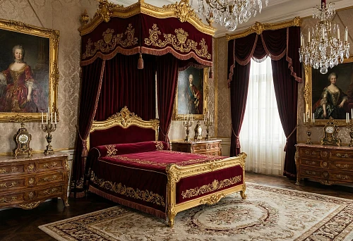 Baroque bed with burgundy velvet canopy and gold leaf, crystal chandeliers, chests of drawers, candelabras, and portraits in gilded frames