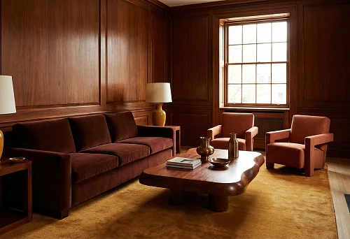 interior in warm mahogany shades with upholstered furniture