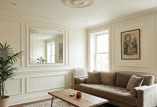 Polyurethane decor on walls and ceiling: a bright living room with molding frames and a rosette