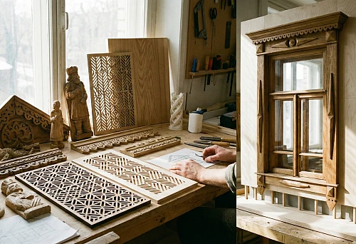 Wooden carved elements: figures, overlays, decorative panels and ornaments laid out on the master's workbench