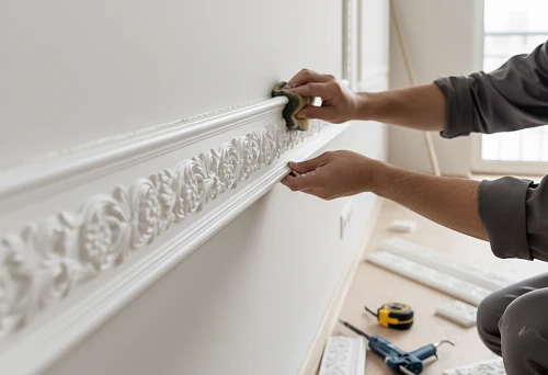 The master carefully installs carved polyurethane molding on the wall, aligning the joint with the wooden baseboard and achieving perfect clean corners in the interior.