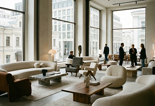 Designer furniture for sale in Moscow and St. Petersburg: modern living room with sofas and armchairs in the showroom