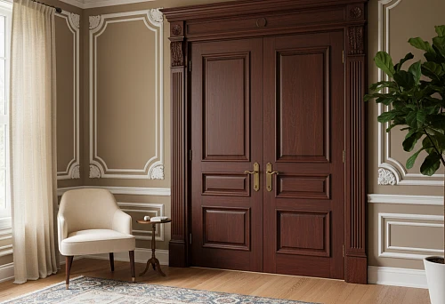 Interior with molded decor and wooden architraves: doors in a classic style as the central accent of the room