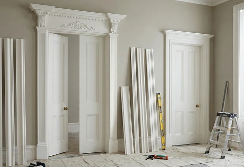 Framing a doorway with polyurethane molding: a portal with pilasters and a cornice in a light interior