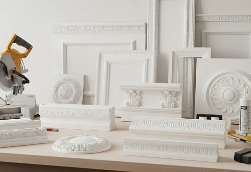 White polyurethane molding - moldings, cornices, rosettes and decorative panels on the workbench in STAVROS workshop