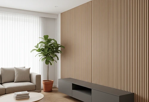 Thin wooden slats on the wall in a modern living room interior