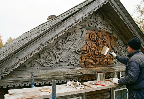 Facade carved decor on a wooden pediment &mdash; master applies protective impregnation with a brush to carving with floral ornament and birds, restoration and extension of wood service life