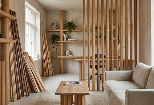 Round wooden molding in interior design: vertical slats and partitions for room zoning