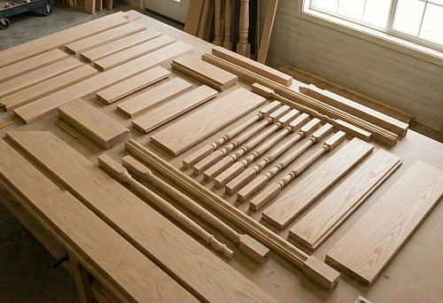 Set of wooden staircase parts on a workbench in the workshop: steps, risers, balusters, and railing elements