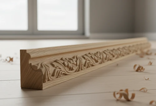 Close-up of Solid Wood Skirting Board with Ornamental Carving