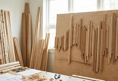 wooden round dowels of various diameters in the workshop