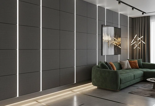 Modern living room with decorative vertical battens and interior skirting board, visual wall update with lighting