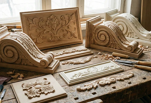 Carved decorative wood elements on the desk