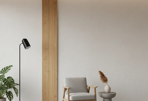 Modern Interior with Wooden Slat Wall, Light Wood Armchair, and Soft Lighting
