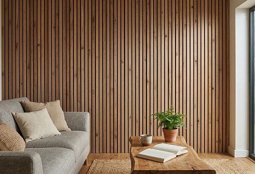 Wooden slatted panels in a living room interior with a gray sofa, wooden table, decorative pillows, and natural light by the window