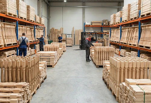 Production Warehouse with Large Batches of Wooden Balusters &mdash; 2026 Assortment
