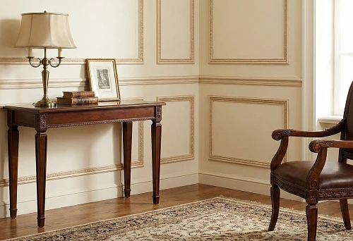 Decorative wooden layout on wall panels and classic furniture: thin frames and neat geometry