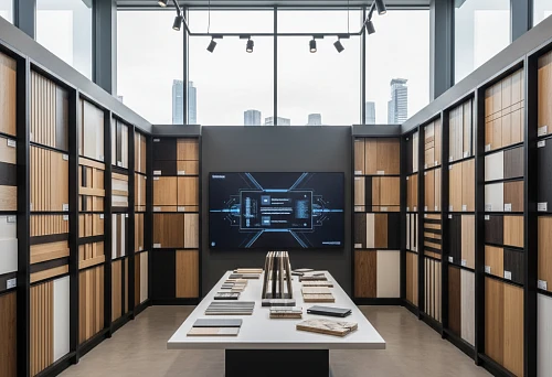 Showroom with interior slats and wall panel samples, large selection of shades and textures, modern display