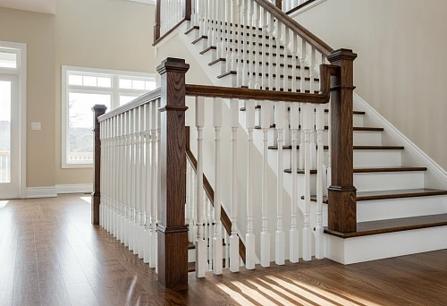 Wooden Staircase with White Balusters and Dark Oak Railings in a Spacious Interior with Large Windows