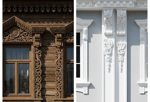 Comparison of wooden house carving and polyurethane facade decor