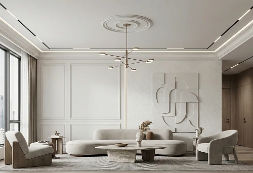 Modern living room with polyurethane stucco: cornice and moldings in neoclassical style