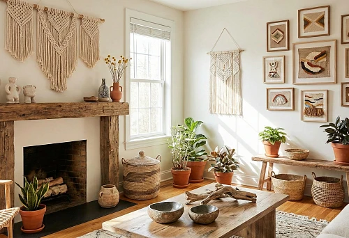 Living room with decorative decorations: macrame on the wall, potted plants, and wooden accents create coziness