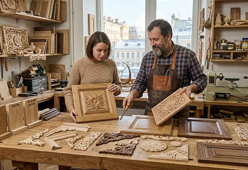 Wooden furniture overlays for facades in a workshop in Moscow