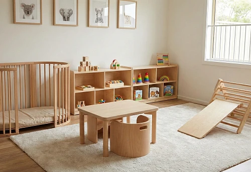 Children's room furniture: bright room with low shelves, toys and a soft carpet