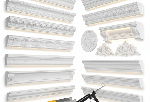 Assortment of decorative polystyrene cornices in Barnaul with installation tools and profile examples