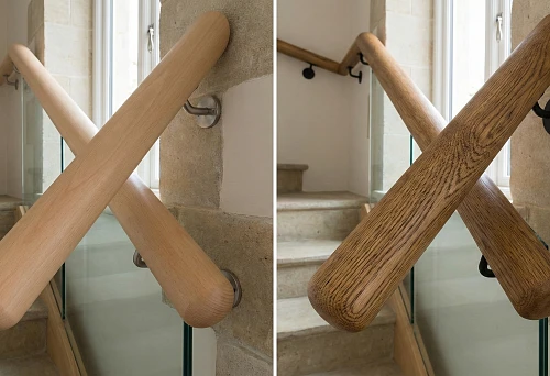 Round handrail 50 mm made of beech on brackets: light wood and smooth texture for staircase