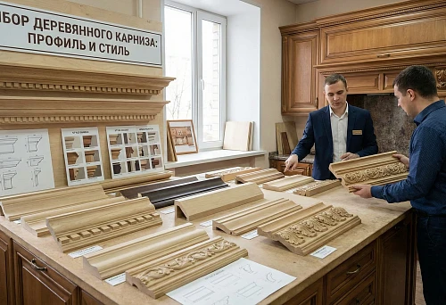 Choosing a wooden cornice for furniture: consultant shows profile and carved sample to match interior style