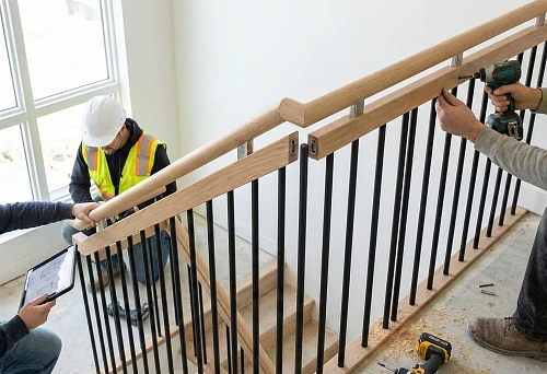 Installation of round wooden handrails and metal balusters using modern fasteners