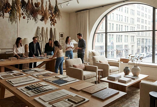 Interior decor salon: designers discuss material and textile selection by a large arched window, with samples of coverings and fabrics laid out on tables