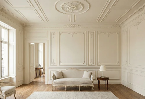 Classic interior with stucco on walls and ceiling decorations: light moldings, cornices, and a ceiling rosette in a single shade.