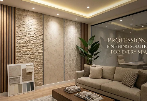 Decorative room finishing with a combination of slats, stone tiles, and textured panels