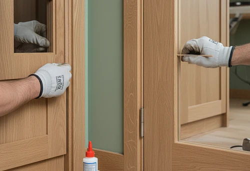 Installation of wooden molding and trim: craftsmen fit joints and abutments, ensuring precise and neat finishing of wooden door elements
