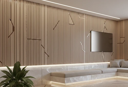 Modern living room with interior skirting and paneling strips, unified wall and floor finishing, soft hidden lighting